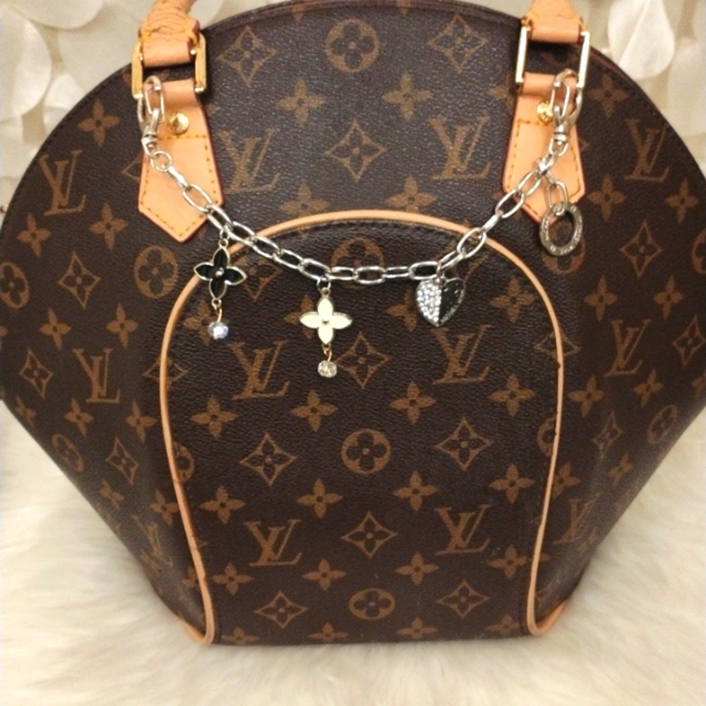 Michael Kors Charms Flower PURSE CHAIN 2 Black Enameled Fleur de Lis Flowers - Picture 5 of 9